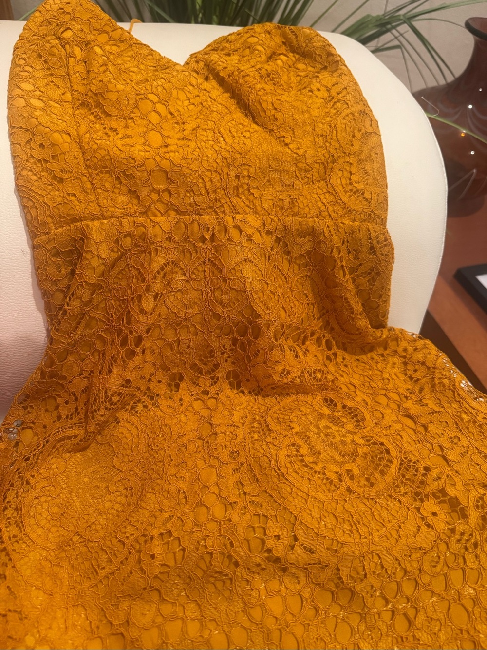 ASOS Mustard Lace V-Neck Midi Dress with Strappy Back